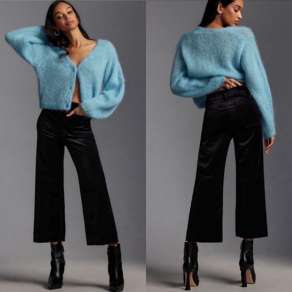 Anthropologie Maeve Pants Womens 27 Black Colette Velvet Wide Leg Crop High Rise